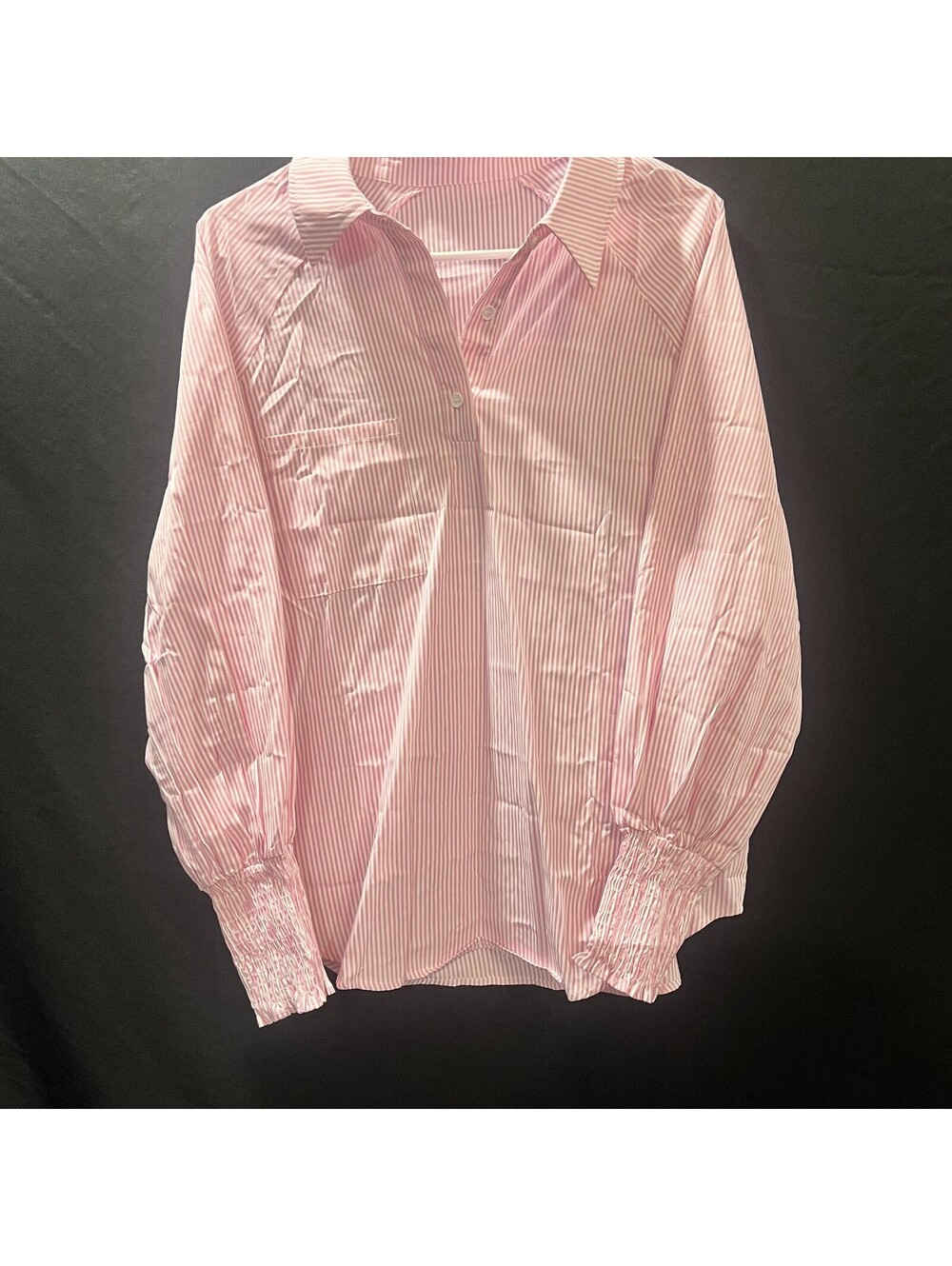 Women M Pink White Stripe Smocked Cuff Pocket Collared Pullover Blouse